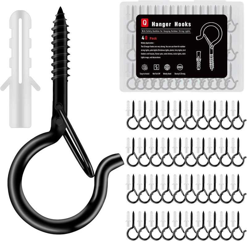 KULOLO Black Screw Hooks with Safety Lock 2.3" Rustproof Metal Ceiling Hooks for Hanging Plants, Baskets,String Lights & Outdoor Decor, 40LB Capacity (40, Black) - Image 1